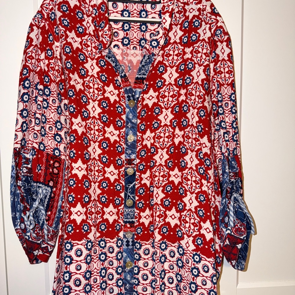 John Mark Red and Blue Floral Blouse